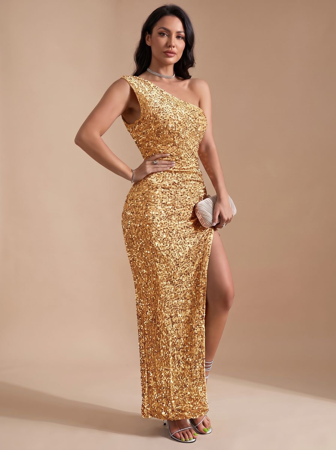 Women's Sequin One-Shoulder Maxi Christmas Party Dress with High Slit