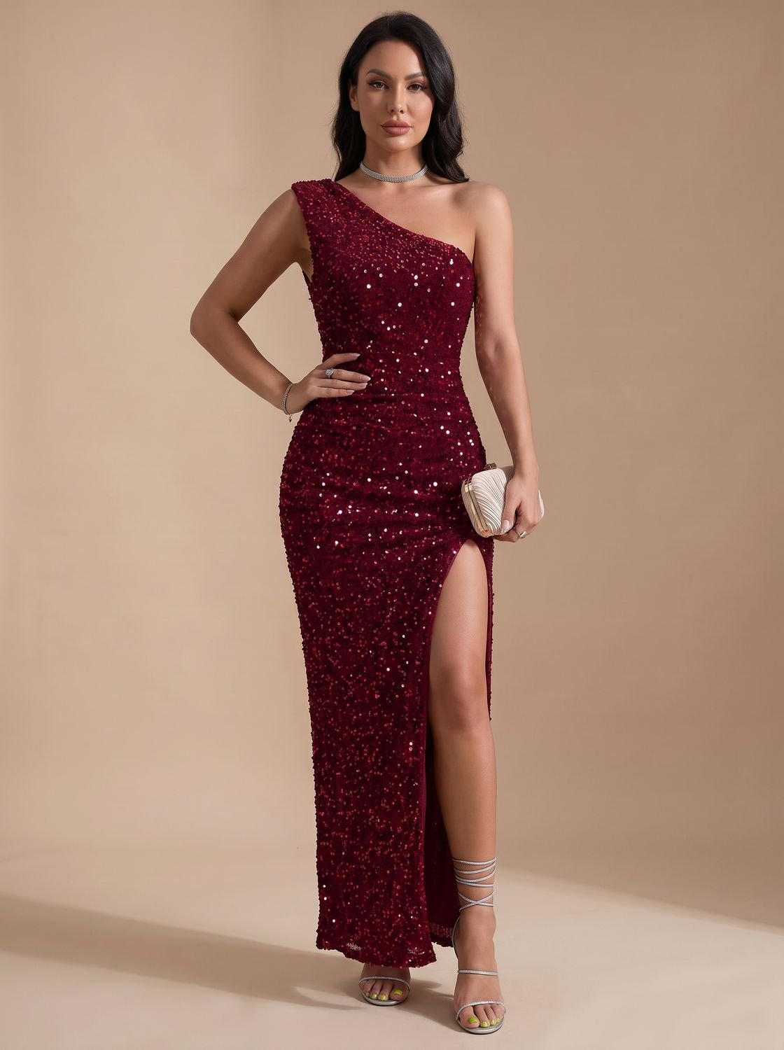Women's Sequin One-Shoulder Maxi Christmas Party Dress with High Slit