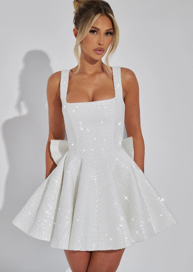 Women's Sequin Prom Mini Dress with Square Neck and Back Bow