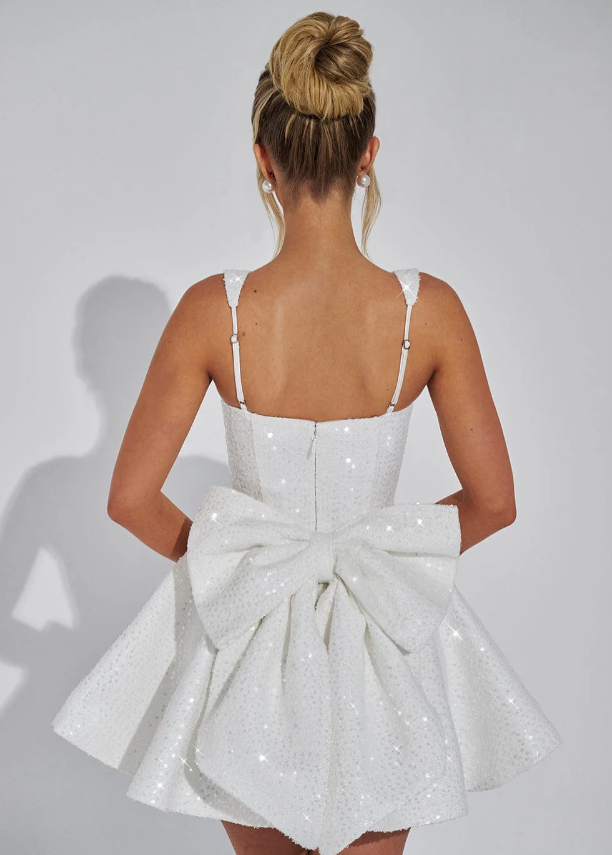 Women's Sequin Prom Mini Dress with Square Neck and Back Bow