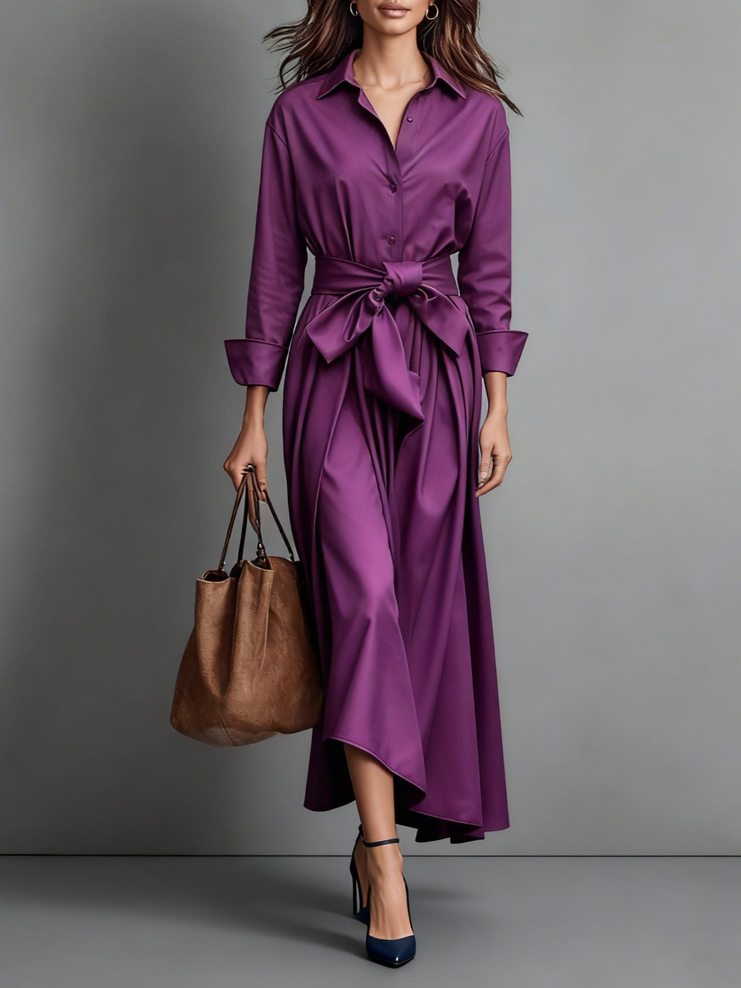 Women's Shirt Midi Dress with Belt