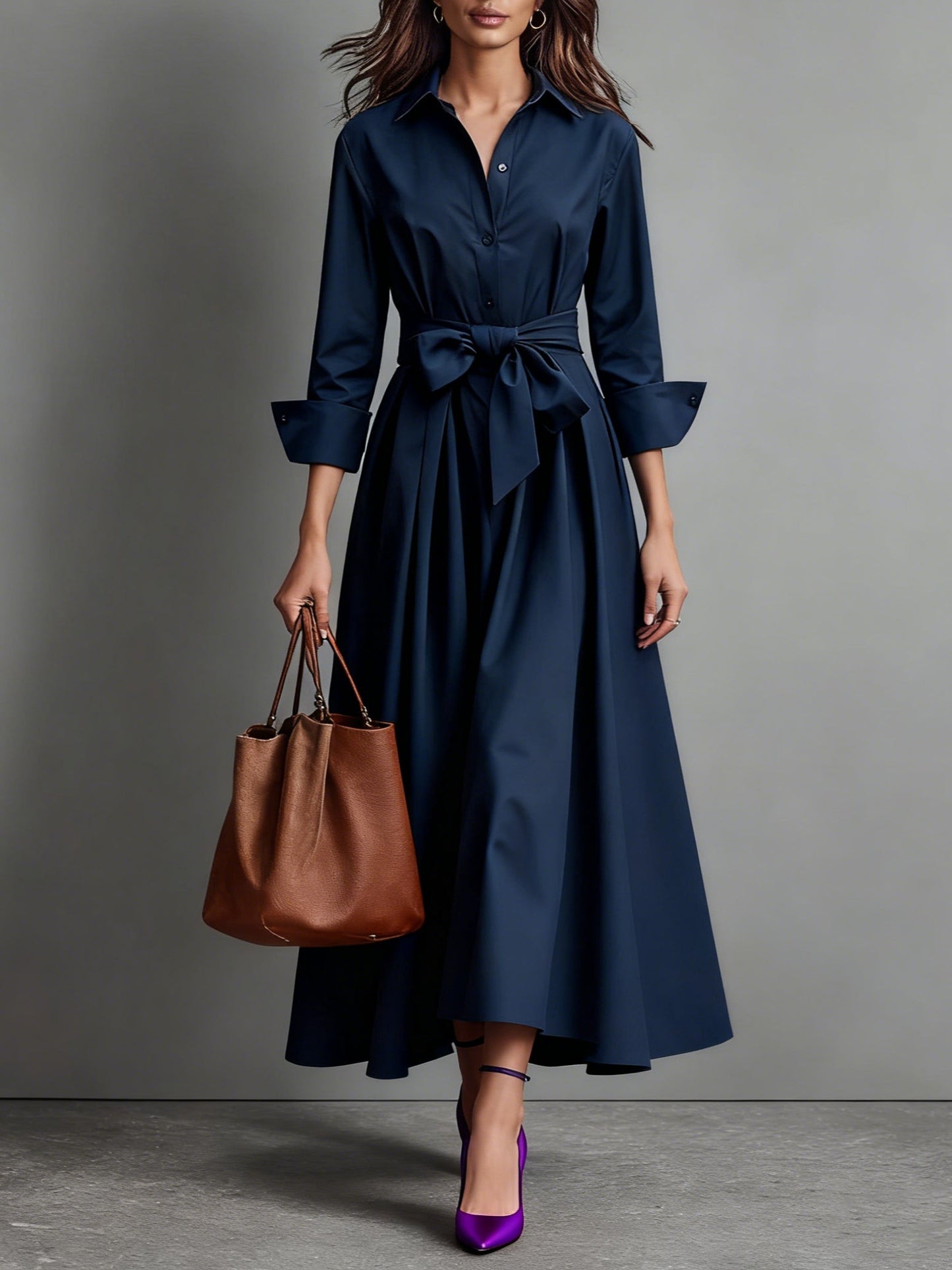 Women's Shirt Midi Dress with Belt