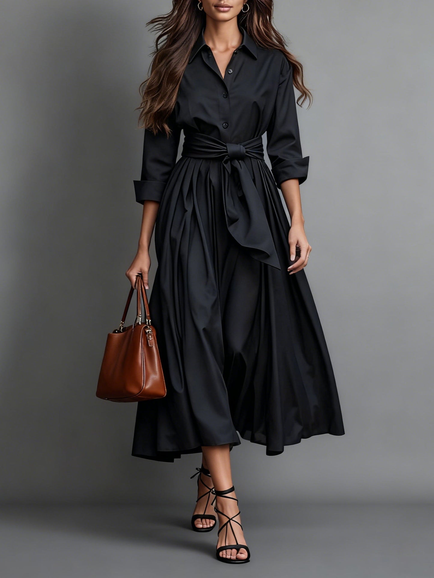 Women's Shirt Midi Dress with Belt