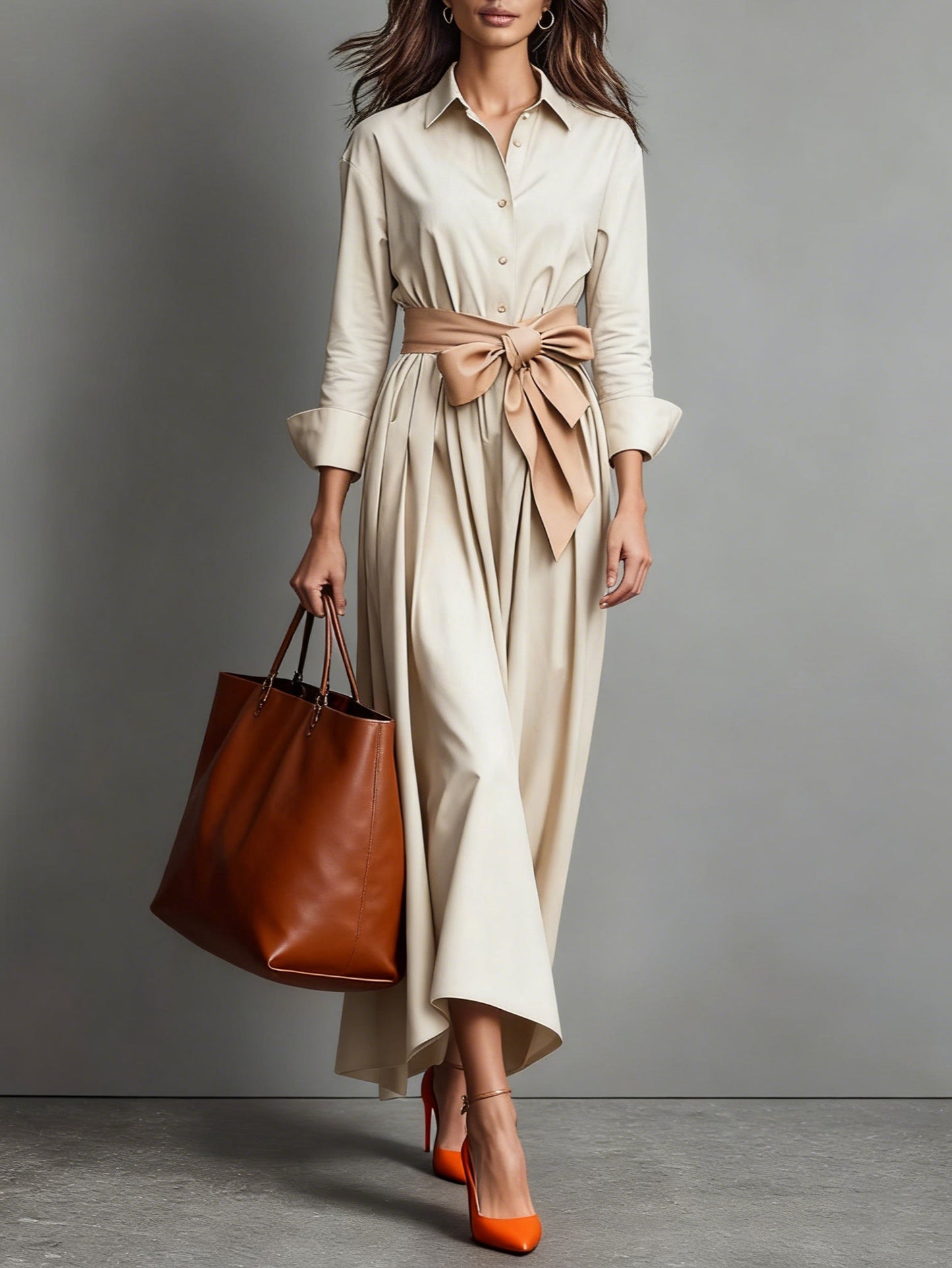 Women's Shirt Midi Dress with Belt