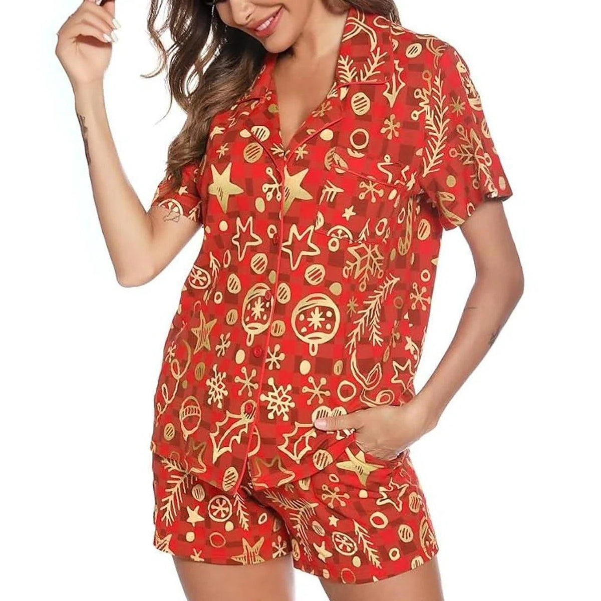 Women's Short Pajamas - Red Christmas Set with Shirt and Shorts
