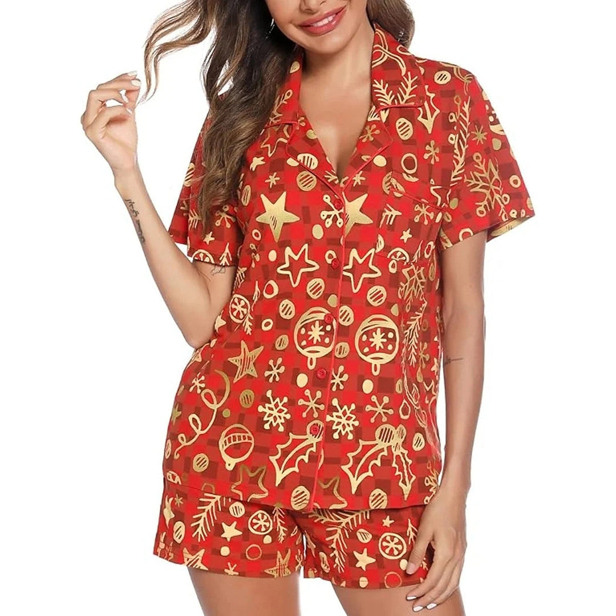 Women's Short Pajamas - Red Christmas Set with Shirt and Shorts