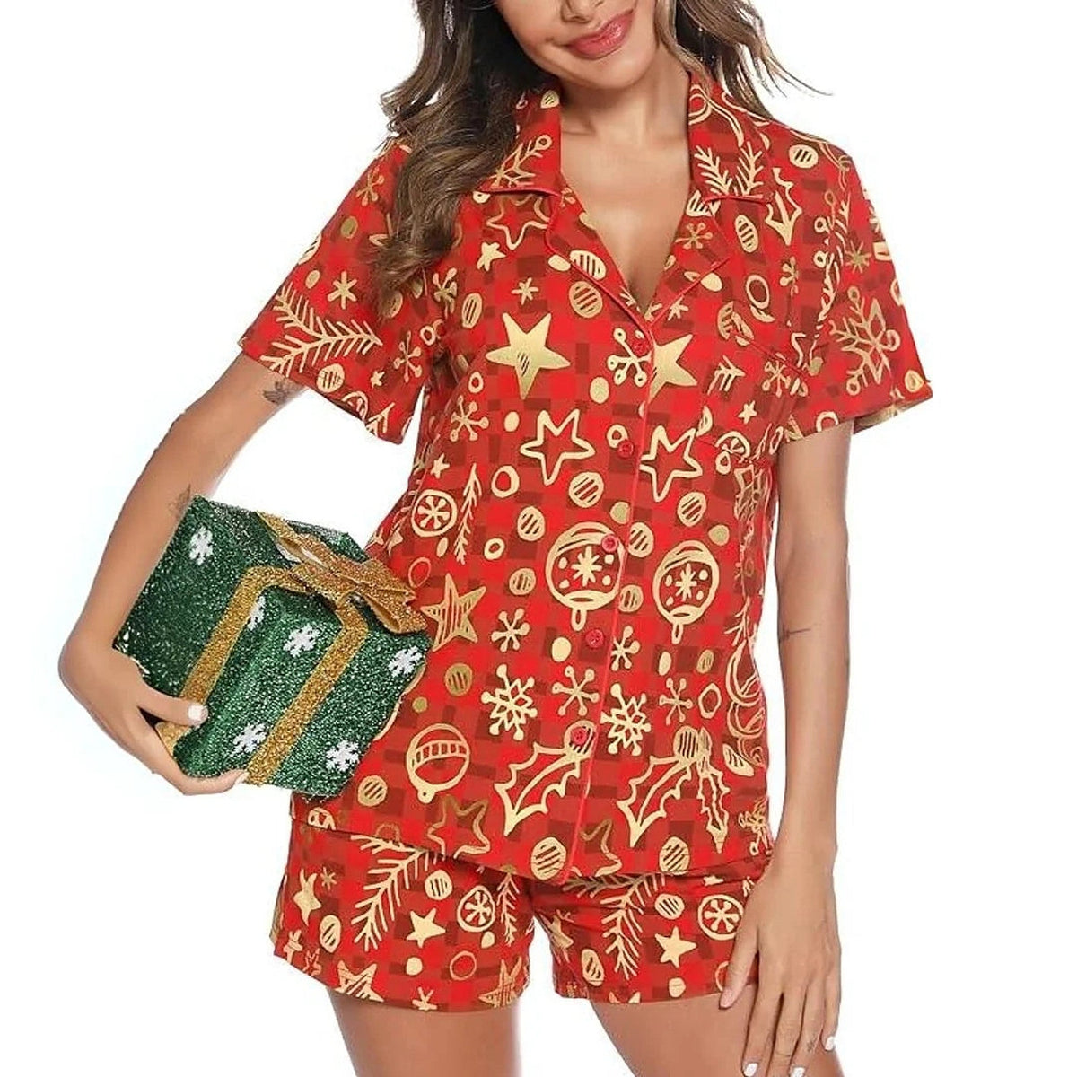 Women's Short Pajamas - Red Christmas Set with Shirt and Shorts