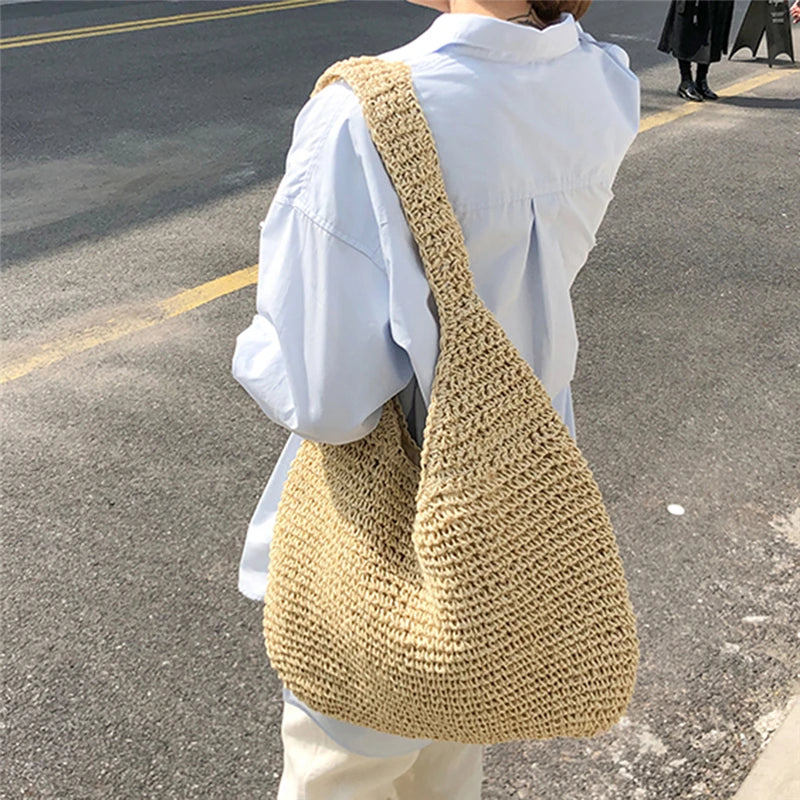 Women's Shoulder Bag in Woven-Texture Polyester with Paper Lining - Spacious Shopper Tote with Two Long Handles