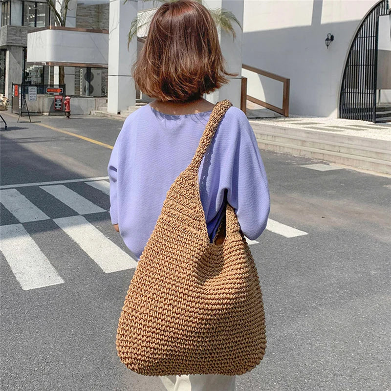 Women's Shoulder Bag in Woven-Texture Polyester with Paper Lining - Spacious Shopper Tote with Two Long Handles
