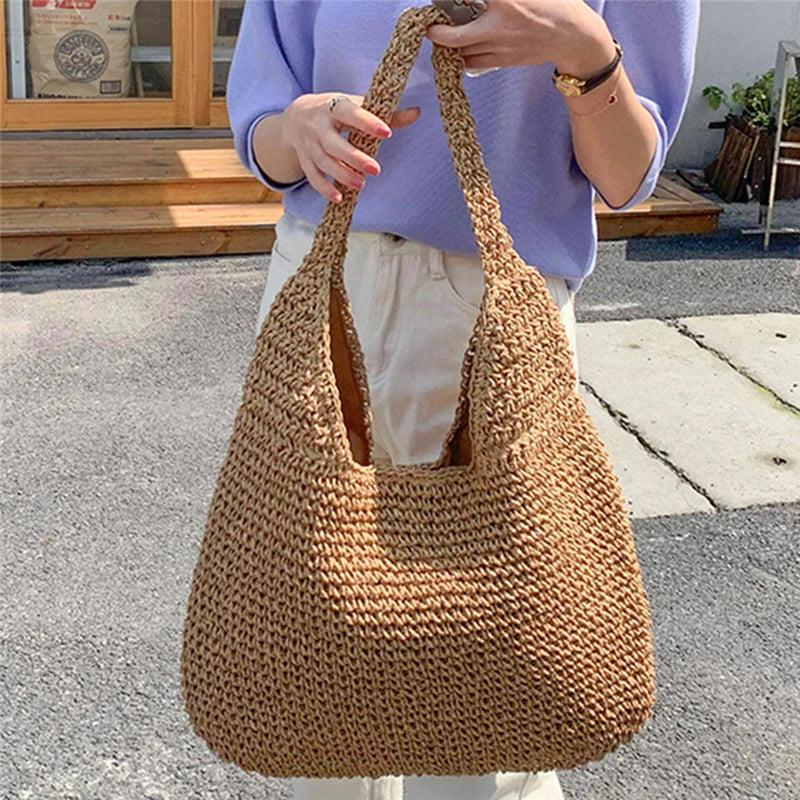 Women's Shoulder Bag in Woven-Texture Polyester with Paper Lining - Spacious Shopper Tote with Two Long Handles