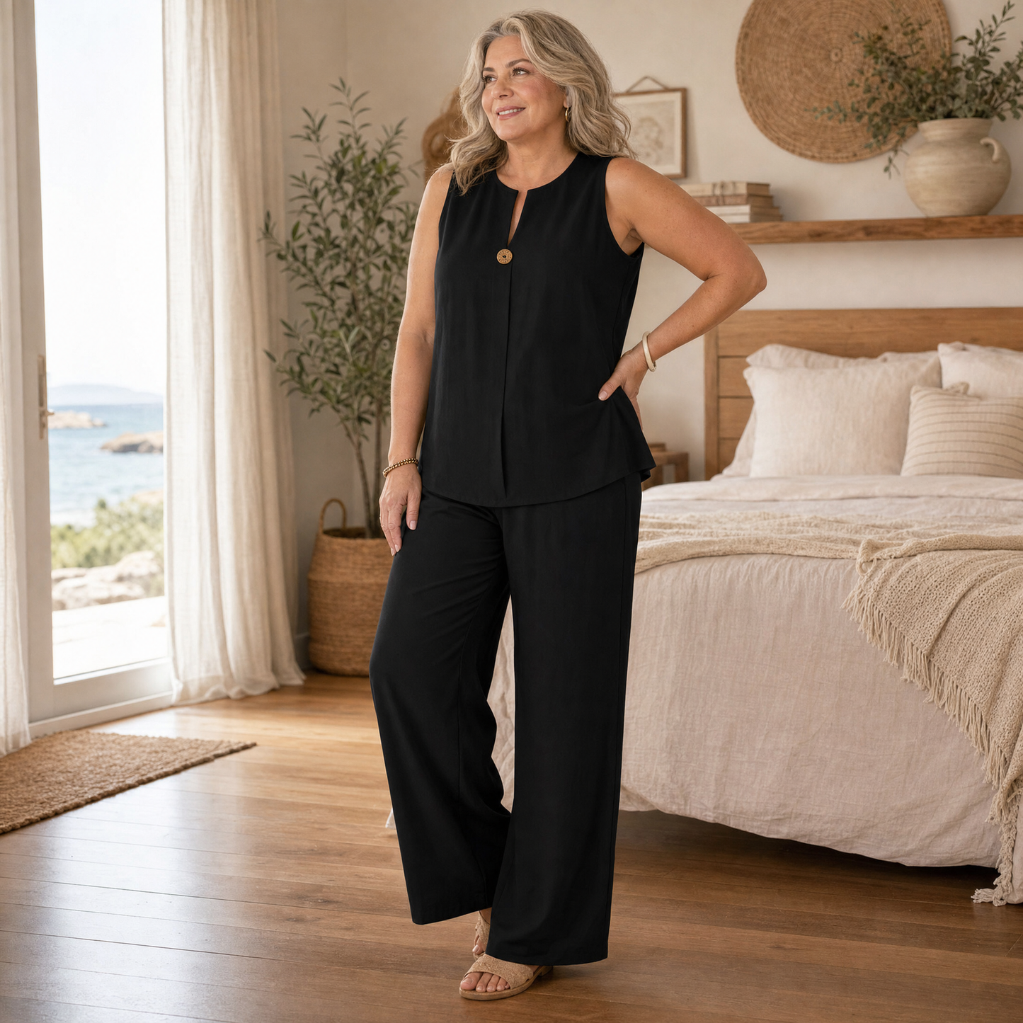 Women's Sleeveless Linen Co-Ord Set with Wide-Leg Pants