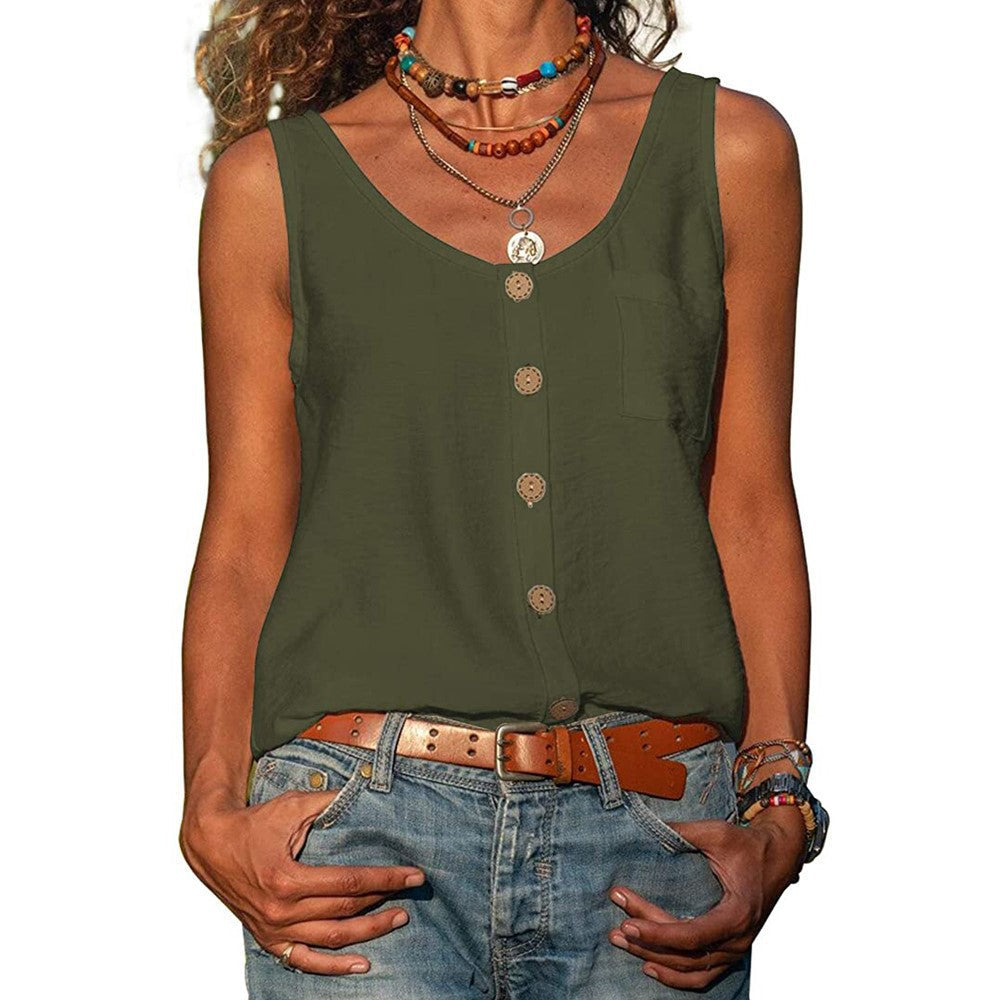 Women's Sleeveless V-Neck Tank Top with Buttons and Pockets