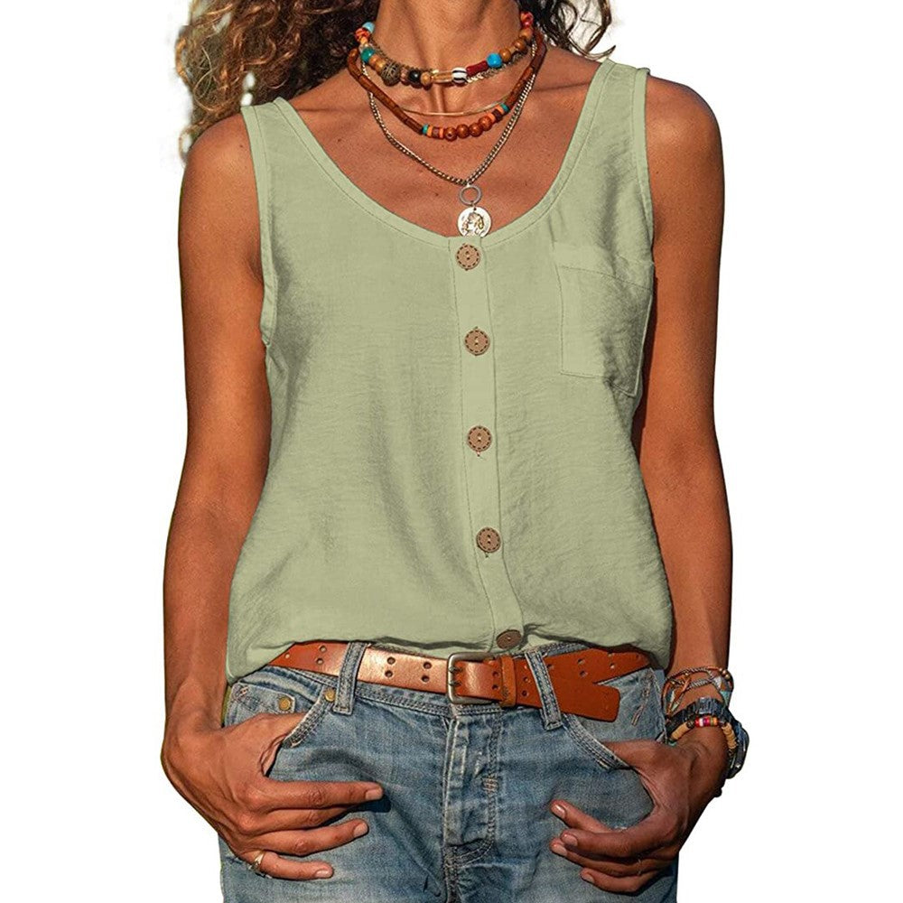 Women's Sleeveless V-Neck Tank Top with Buttons and Pockets