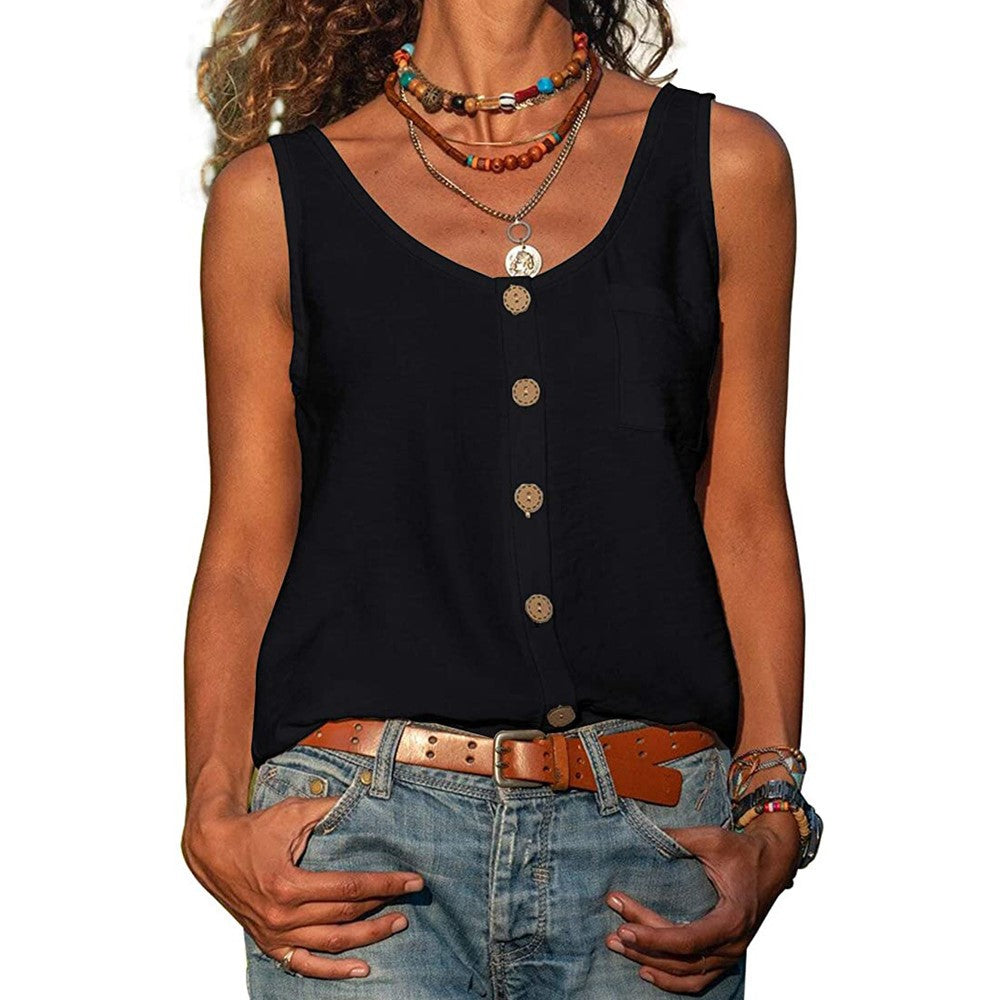 Women's Sleeveless V-Neck Tank Top with Buttons and Pockets