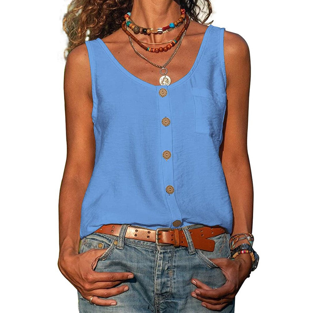 Women's Sleeveless V-Neck Tank Top with Buttons and Pockets