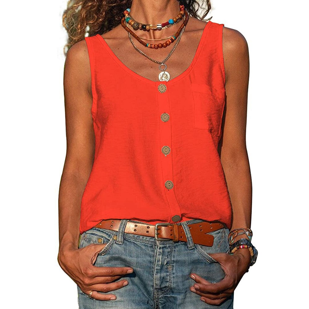 Women's Sleeveless V-Neck Tank Top with Buttons and Pockets