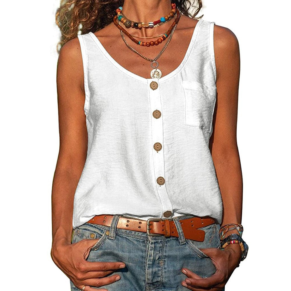 Women's Sleeveless V-Neck Tank Top with Buttons and Pockets