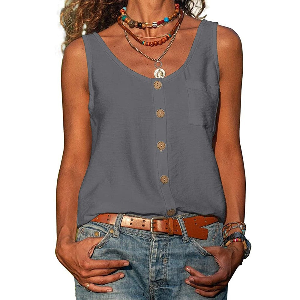 Women's Sleeveless V-Neck Tank Top with Buttons and Pockets