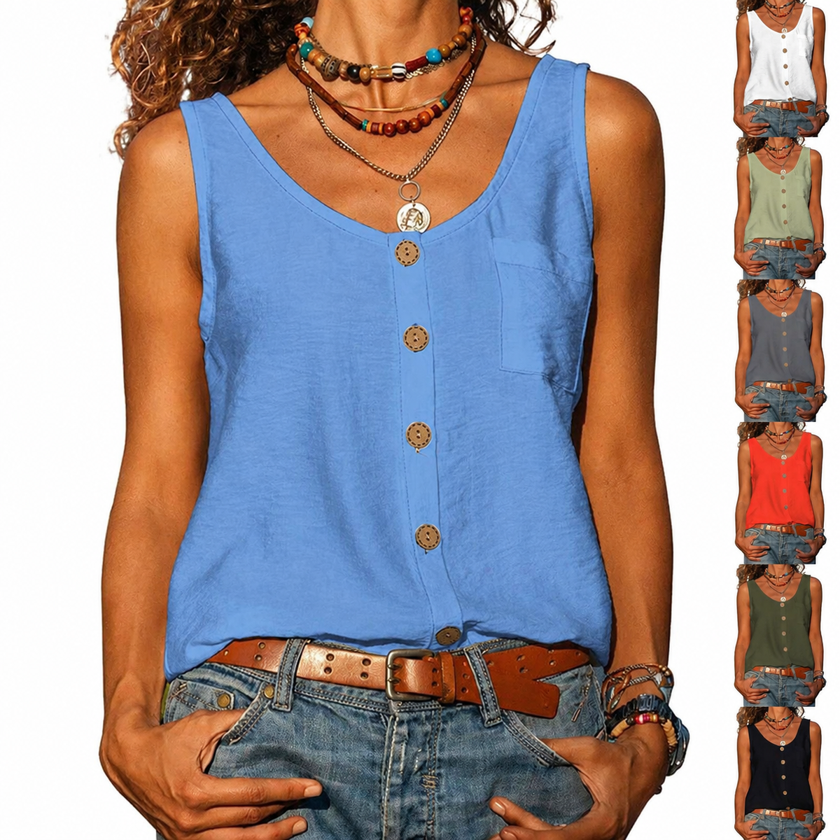 Women's Sleeveless V-Neck Tank Top with Buttons and Pockets