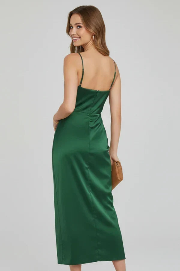 Women's Soft Satin Midi Slip Dress with Cowl Neck and Spaghetti Straps