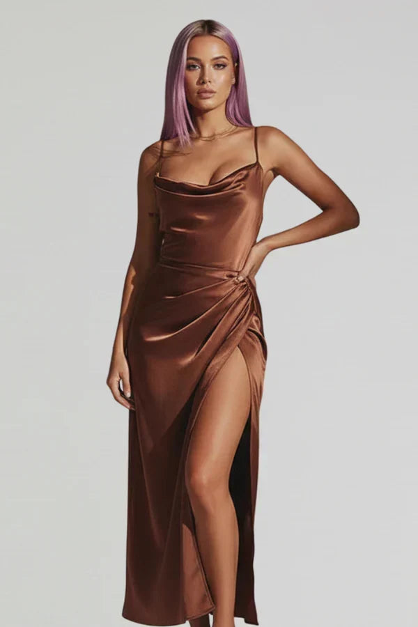 Women's Soft Satin Midi Slip Dress with Cowl Neck and Spaghetti Straps