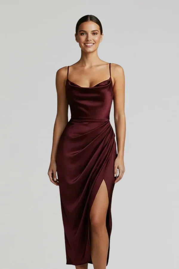 Women's Soft Satin Midi Slip Dress with Cowl Neck and Spaghetti Straps