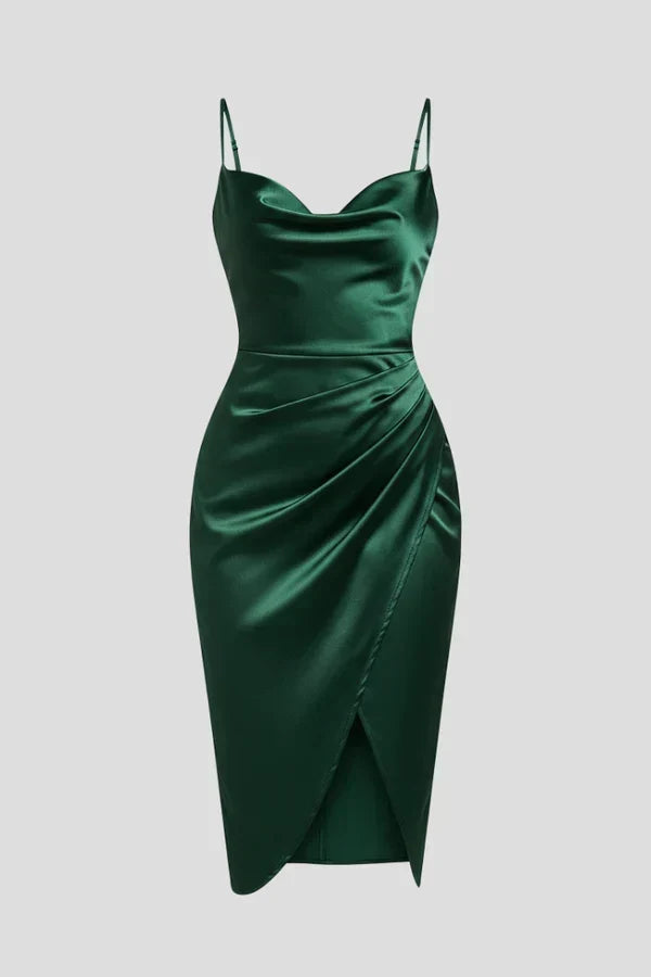 Women's Soft Satin Midi Slip Dress with Cowl Neck and Spaghetti Straps