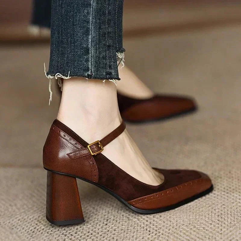 Women's Square Toe Block Heel Buckle Strap Mary Jane Shoes