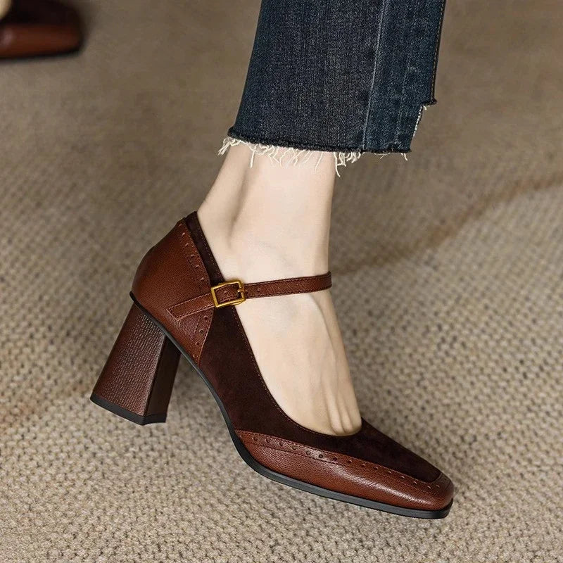 Women's Square Toe Block Heel Buckle Strap Mary Jane Shoes