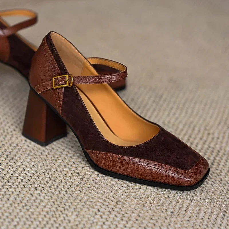 Women's Square Toe Block Heel Buckle Strap Mary Jane Shoes