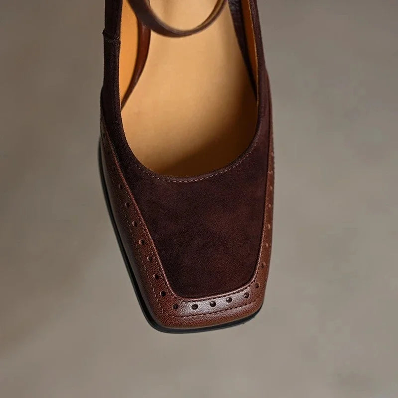 Women's Square Toe Block Heel Buckle Strap Mary Jane Shoes