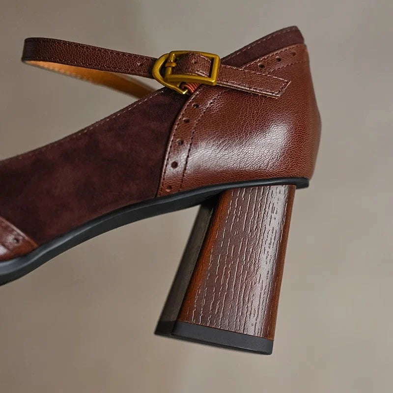 Women's Square Toe Block Heel Buckle Strap Mary Jane Shoes