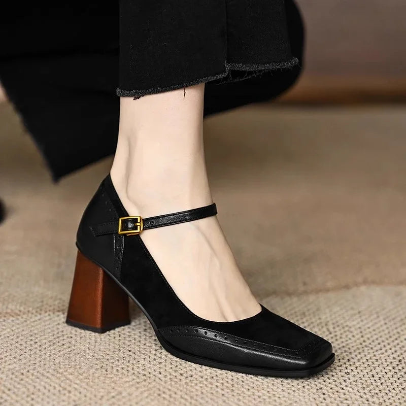 Women's Square Toe Block Heel Buckle Strap Mary Jane Shoes