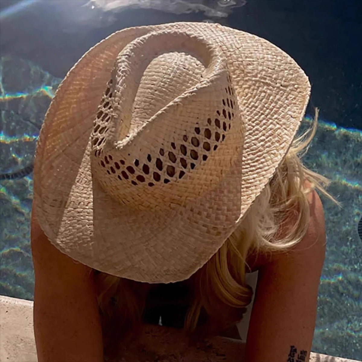 Women's Straw Cowboy Hat with Wide Brim and Ventilated Woven Crown