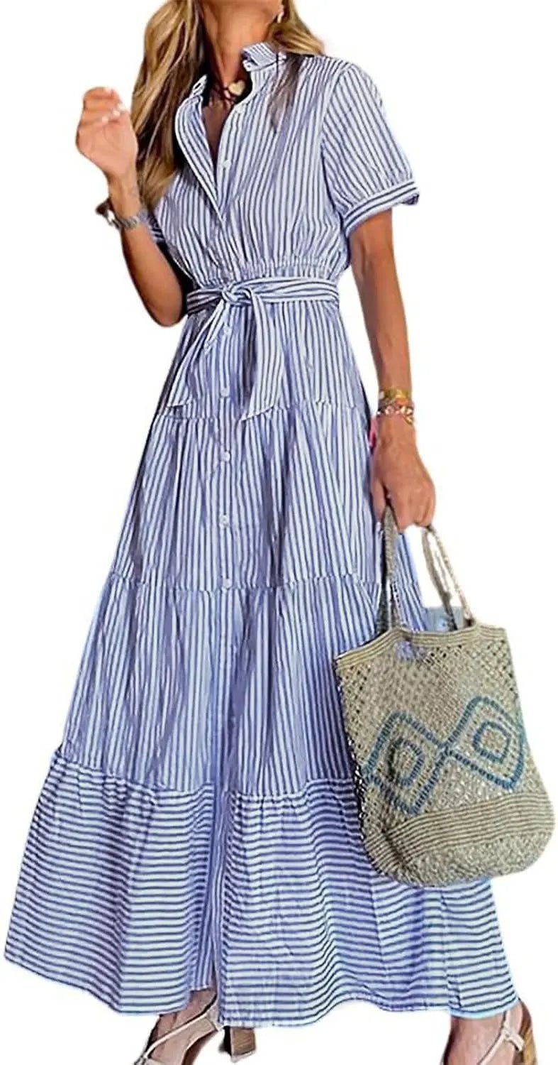 Women's Striped Button-Down Tiered Ruffle Maxi Dress