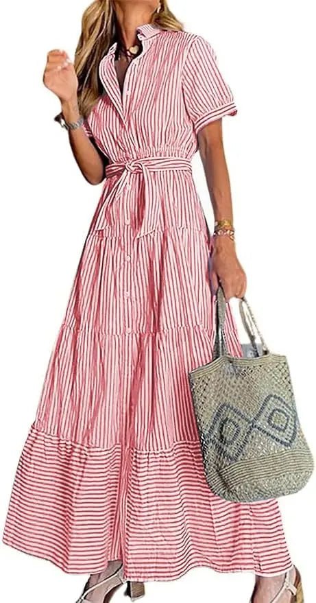 Women's Striped Button-Down Tiered Ruffle Maxi Dress