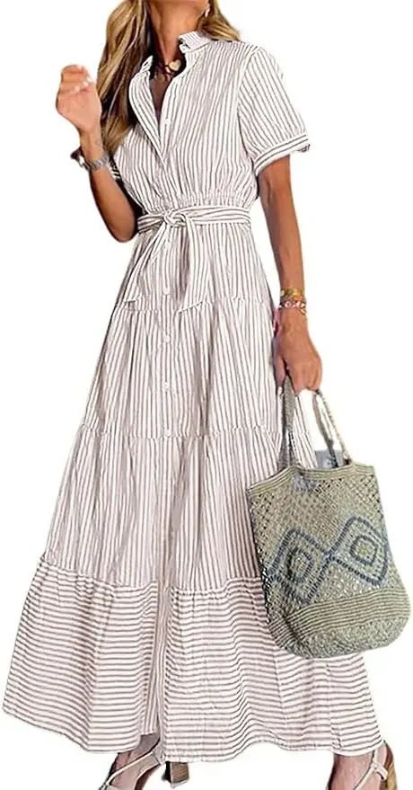 Women's Striped Button-Down Tiered Ruffle Maxi Dress