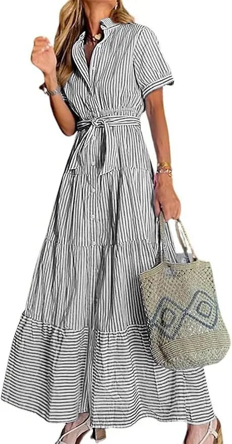Women's Striped Button-Down Tiered Ruffle Maxi Dress