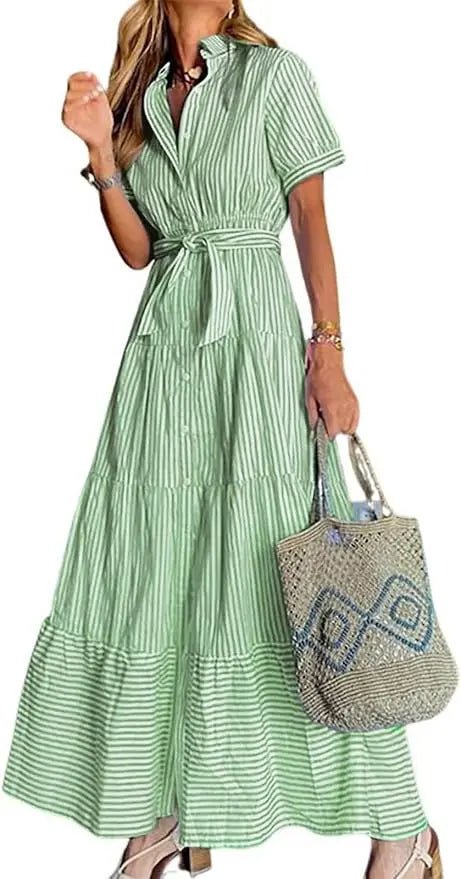 Women's Striped Button-Down Tiered Ruffle Maxi Dress