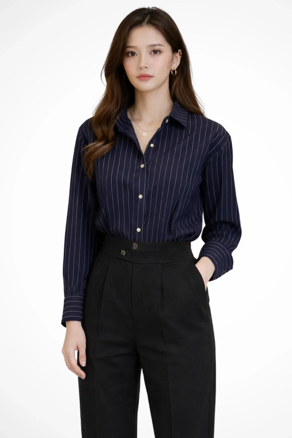 Women's Striped Button-Up Shirt with Collar and Buttoned Cuffs