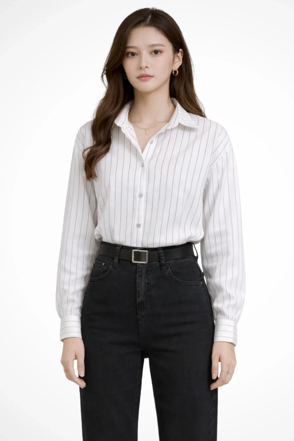 Women's Striped Button-Up Shirt with Collar and Buttoned Cuffs