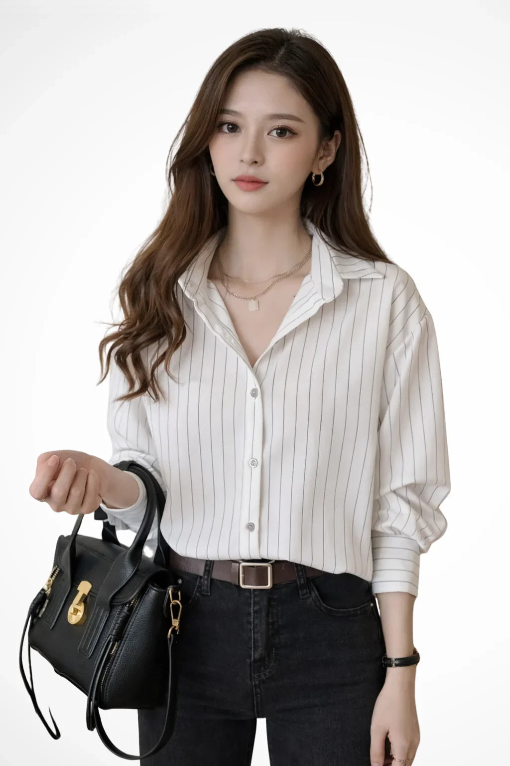 Women's Striped Button-Up Shirt with Collar and Buttoned Cuffs
