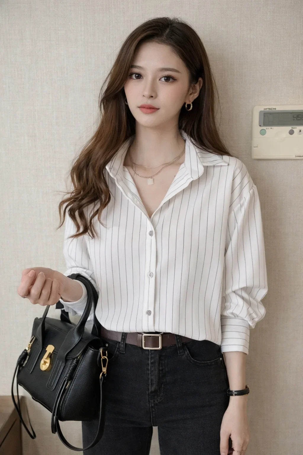 Women's Striped Button-Up Shirt with Collar and Buttoned Cuffs