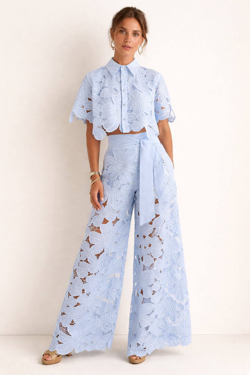Women's Summer Blouse & Wide-Leg Pants Set with Elegant Pattern
