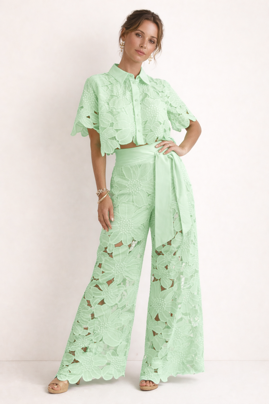 Women's Summer Blouse & Wide-Leg Pants Set with Elegant Pattern
