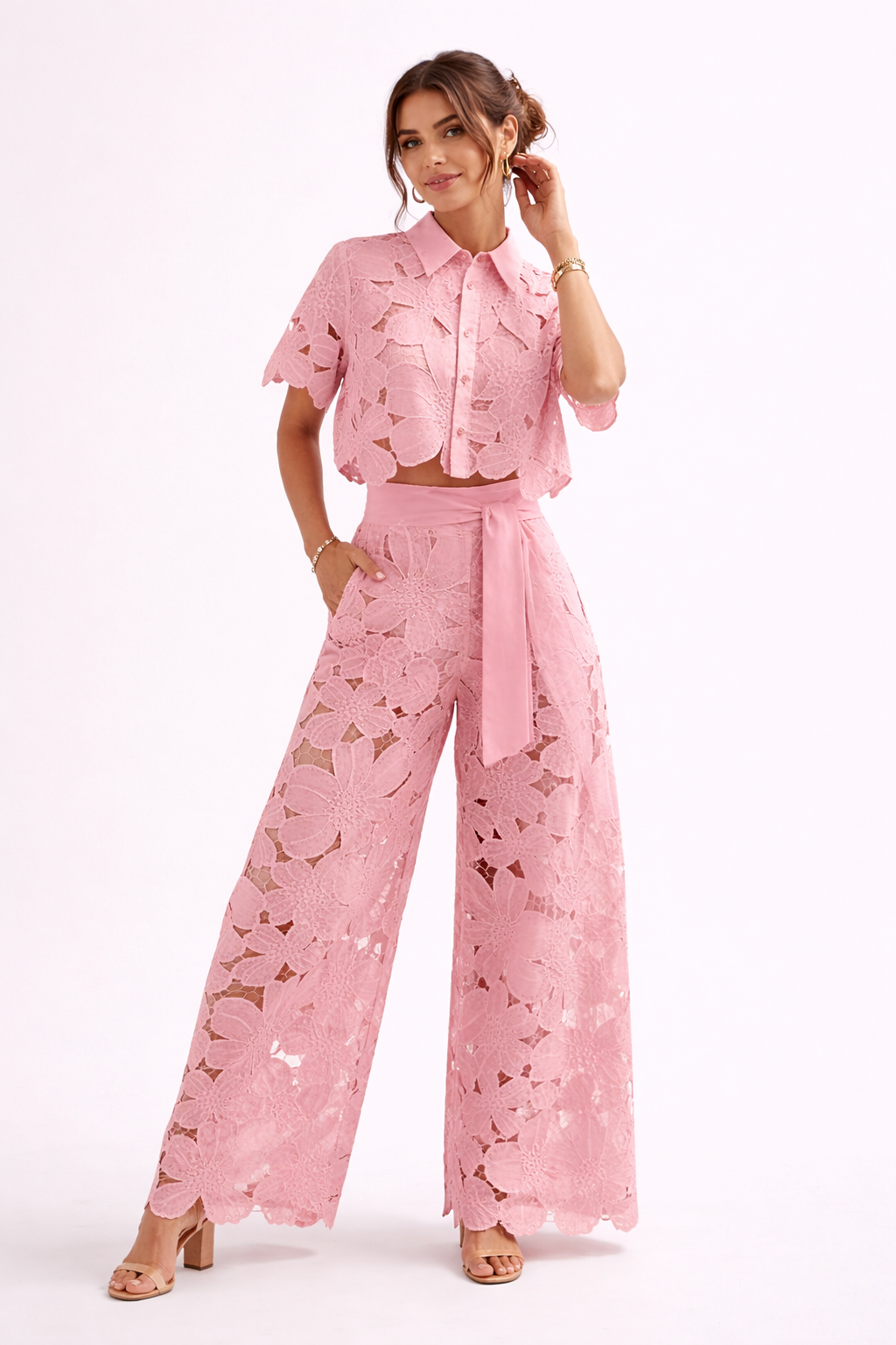 Women's Summer Blouse & Wide-Leg Pants Set with Elegant Pattern
