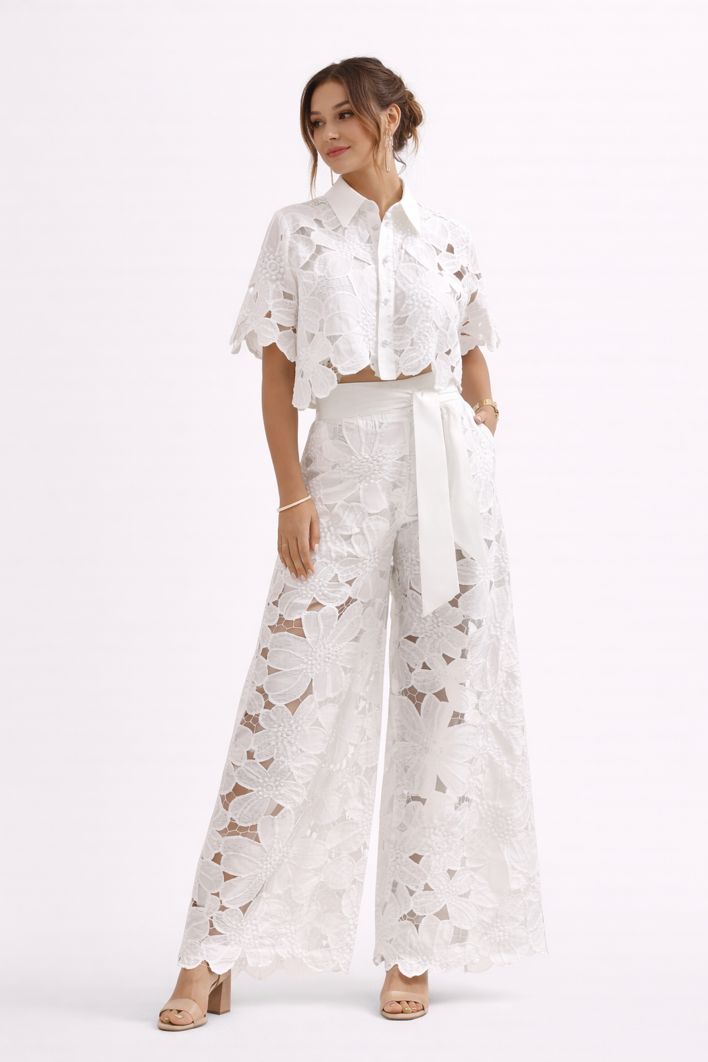 Women's Summer Blouse & Wide-Leg Pants Set with Elegant Pattern