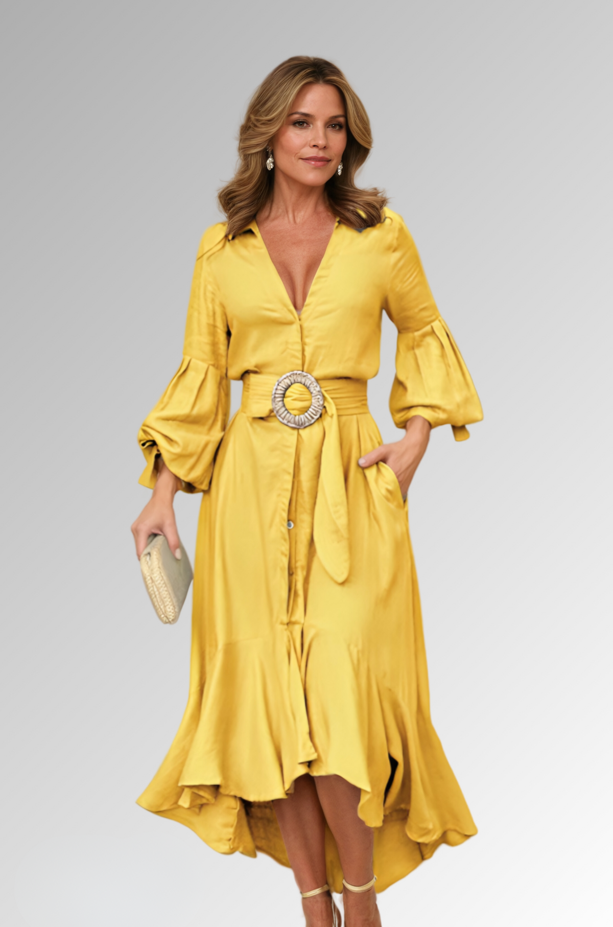 Women's Summer Dress with Puff Sleeves - Elegant A-Line Midi Dress