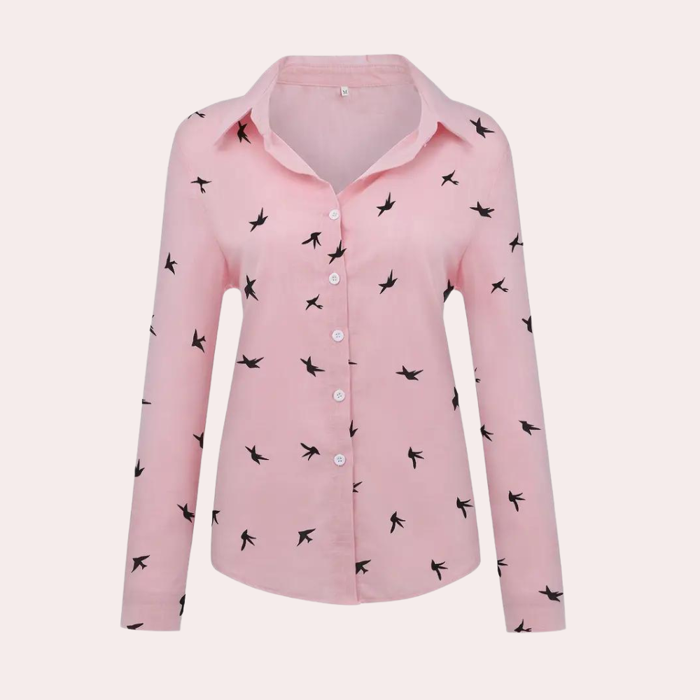 Women's Swallow Print Shirt | Elegant Long-Sleeve Blouse