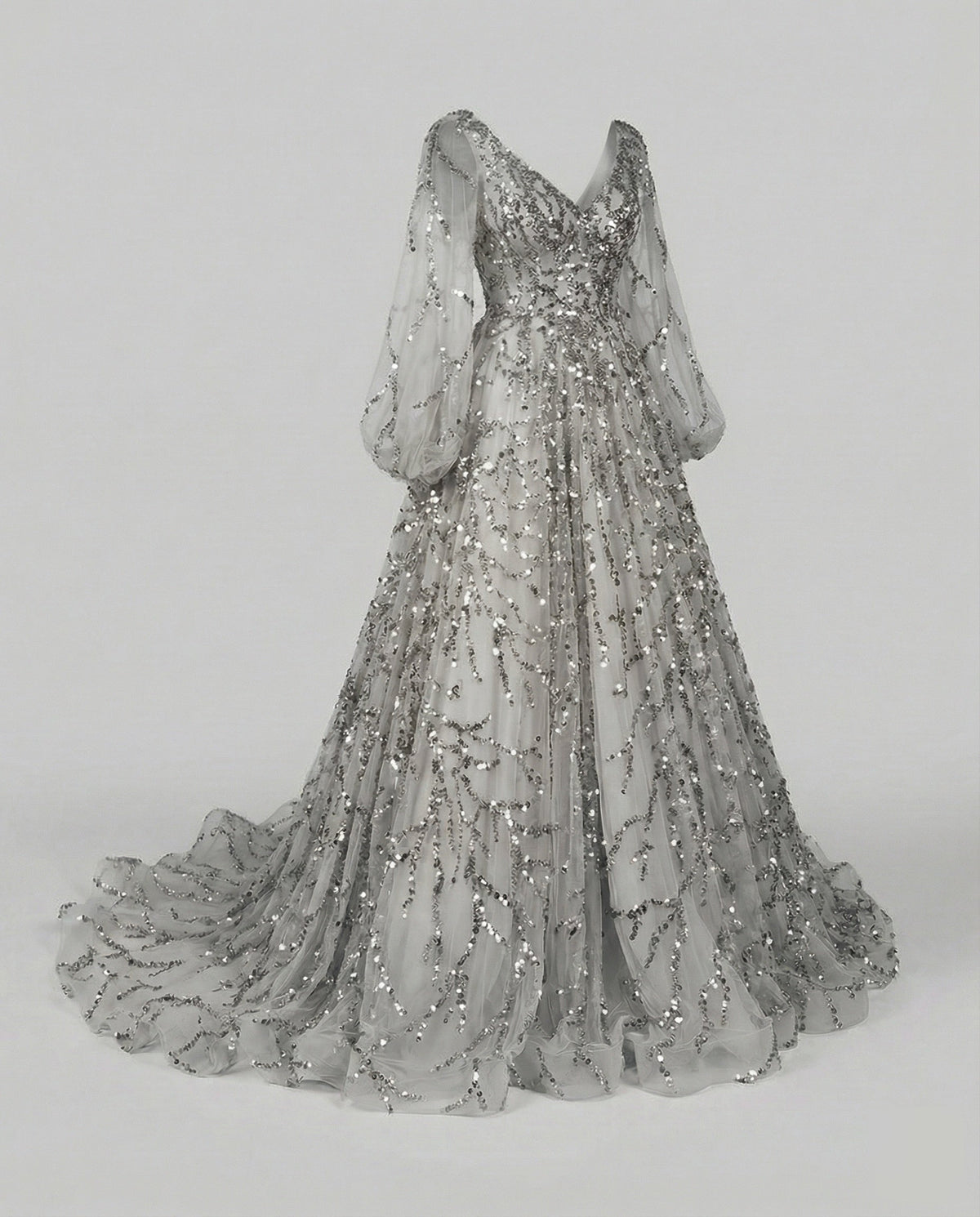 Women's Tulle Ball Gown with Balloon Sleeves and Beaded Appliqué